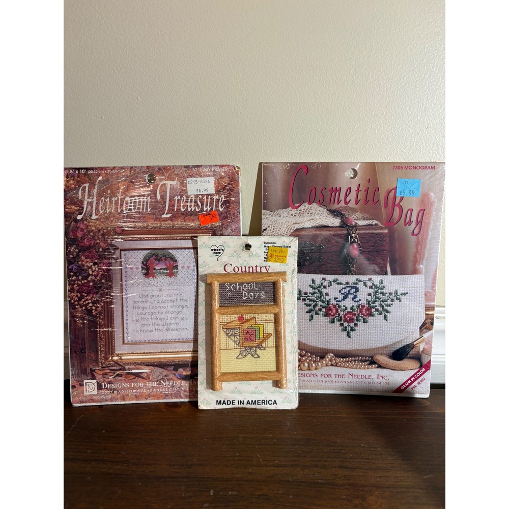 Vintage Cross Stitch Kit Lot Designs for the Needle Cosmetic Bag Serenity Prayer